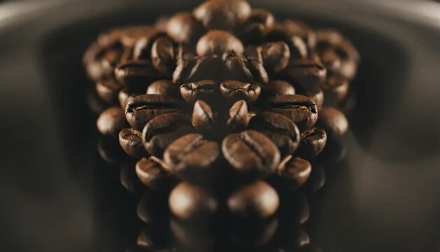 A pile of roasted coffee beans sits on a dark shiny surface.