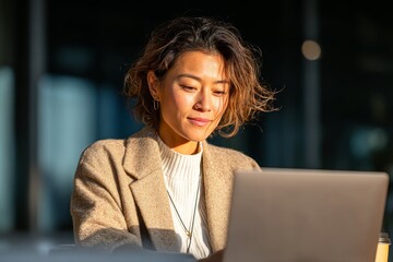 Young Asian businesswoman uses laptop outdoors in sunlight, symbolizing modern entrepreneurship and professional lifestyle