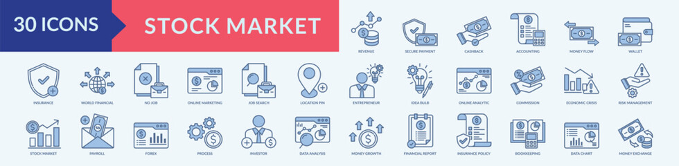 Stock market thin icon set containing cashback,accounting,revenue,risk management,data analysis