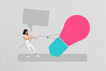 3d full poster art banner pop collage of happy businesswoman pull rope light bulb development idea bubble project progress