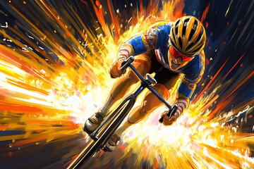 Track cyclist in a time trial, with a sleek bike and intense focus on the finish line