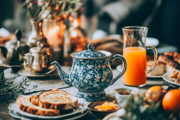 Traditional English breakfast served with a pot of tea and a glass of orange juice