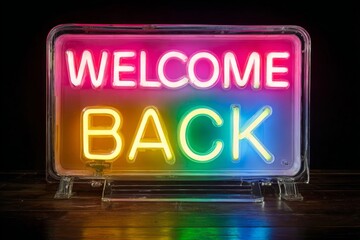 Neon sign displaying welcome back with vibrant rainbow colors on a dark background