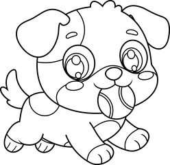 Funny Puppy Dog Cartoon Character Running With Tennis Ball – Black and White Vector Hand Drawn Illustration Isolated On Transparent Background