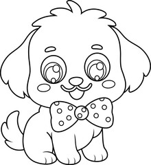 Cute Maltese Puppy Dog Cartoon Character Sitting With Bow Tie – Black and White Vector Hand Drawn Illustration Isolated On Transparent Background