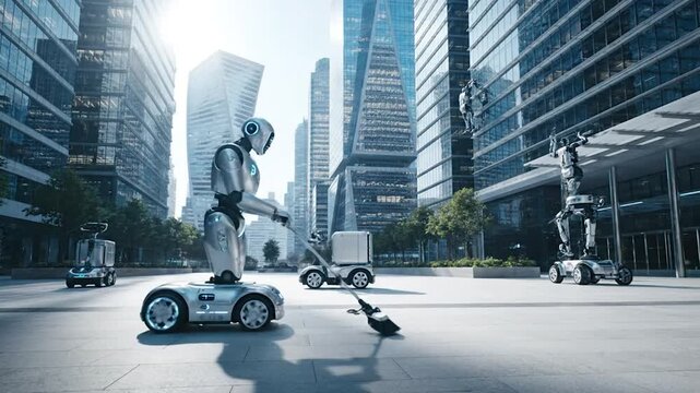 Futuristic city scene with robots cleaning and scaling buildings; skyscrapers in background