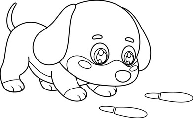 Cute Dachshund Puppy Dog Cartoon Character Tracking Footprints – Black and White Vector Hand Drawn Illustration Isolated On Transparent Background