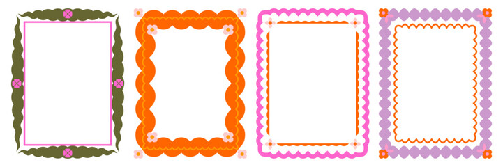 Retro 70s borders/frames set. Playful, groovy, scalloped floral motifs in olive green, pink, orange. Flat graphic design for invitations, scrapbooking, social media, posters, and vintage packaging.