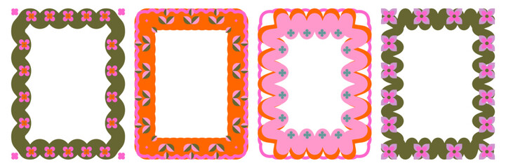 Retro 70s borders/frames set. Playful, groovy, scalloped floral motifs in olive green, pink, orange. Flat graphic design for invitations, scrapbooking, social media, posters, and vintage packaging.