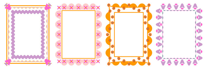 Retro 70s borders/frames set. Playful, groovy, scalloped floral motifs in olive green, pink, orange. Flat graphic design for invitations, scrapbooking, social media, posters, and vintage packaging.