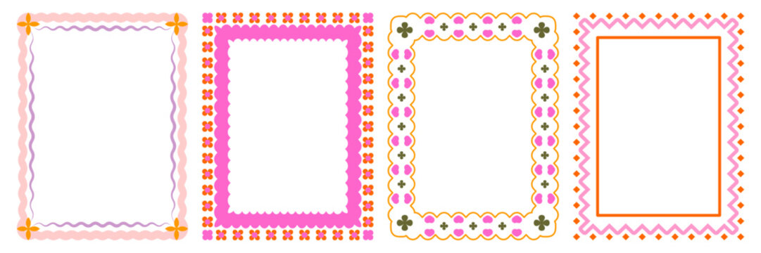 Retro 70s borders/frames set. Playful, groovy, scalloped floral motifs in olive green, pink, orange. Flat graphic design for invitations, scrapbooking, social media, posters, and vintage packaging.