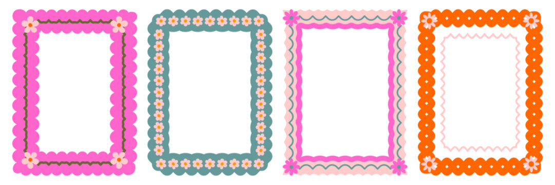 Retro 70s borders/frames set. Playful, groovy, scalloped floral motifs in olive green, pink, orange. Flat graphic design for invitations, scrapbooking, social media, posters, and vintage packaging.