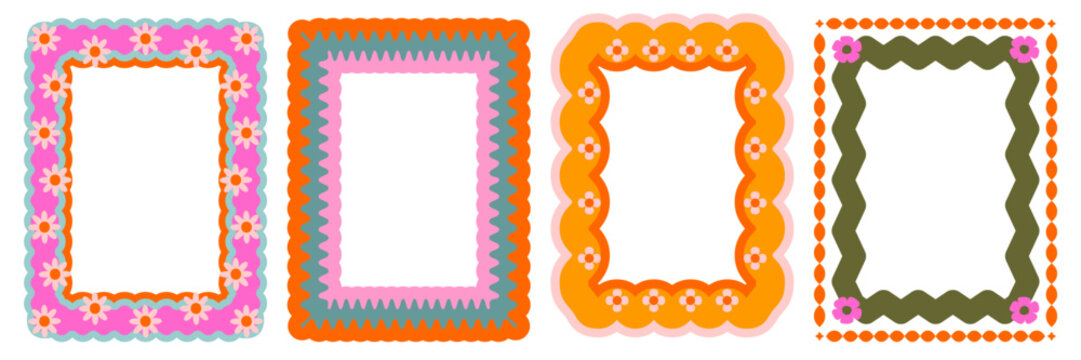 Retro 70s borders/frames set. Playful, groovy, scalloped floral motifs in olive green, pink, orange. Flat graphic design for invitations, scrapbooking, social media, posters, and vintage packaging.