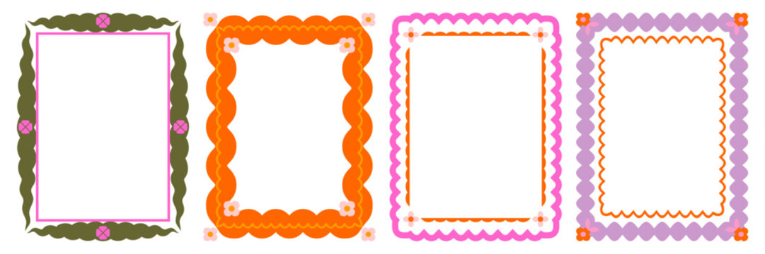 Retro 70s borders/frames set. Playful, groovy, scalloped floral motifs in olive green, pink, orange. Flat graphic design for invitations, scrapbooking, social media, posters, and vintage packaging.