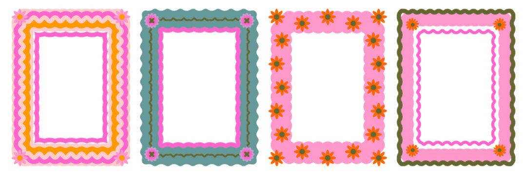 Retro 70s borders/frames set. Playful, groovy, scalloped floral motifs in olive green, pink, orange. Flat graphic design for invitations, scrapbooking, social media, posters, and vintage packaging.