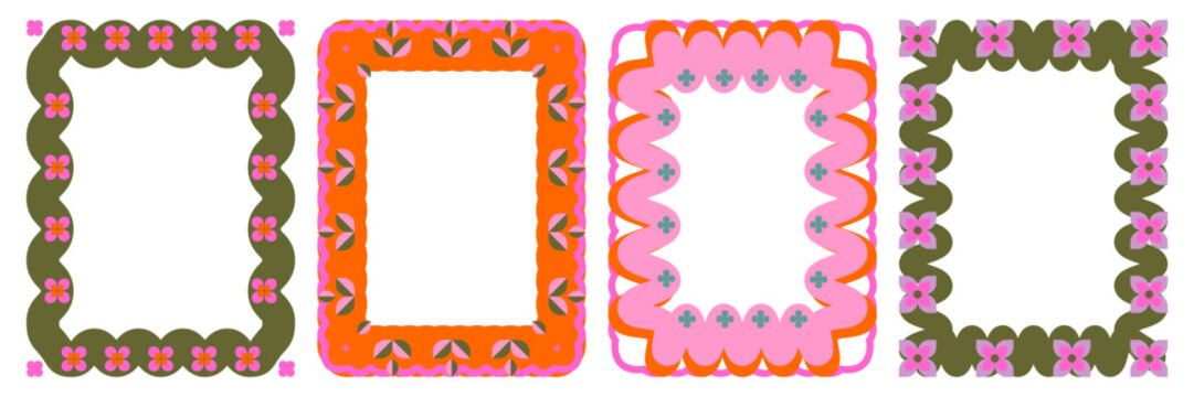 Retro 70s borders/frames set. Playful, groovy, scalloped floral motifs in olive green, pink, orange. Flat graphic design for invitations, scrapbooking, social media, posters, and vintage packaging.