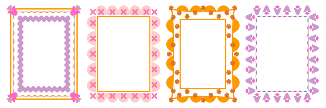 Retro 70s borders/frames set. Playful, groovy, scalloped floral motifs in olive green, pink, orange. Flat graphic design for invitations, scrapbooking, social media, posters, and vintage packaging.