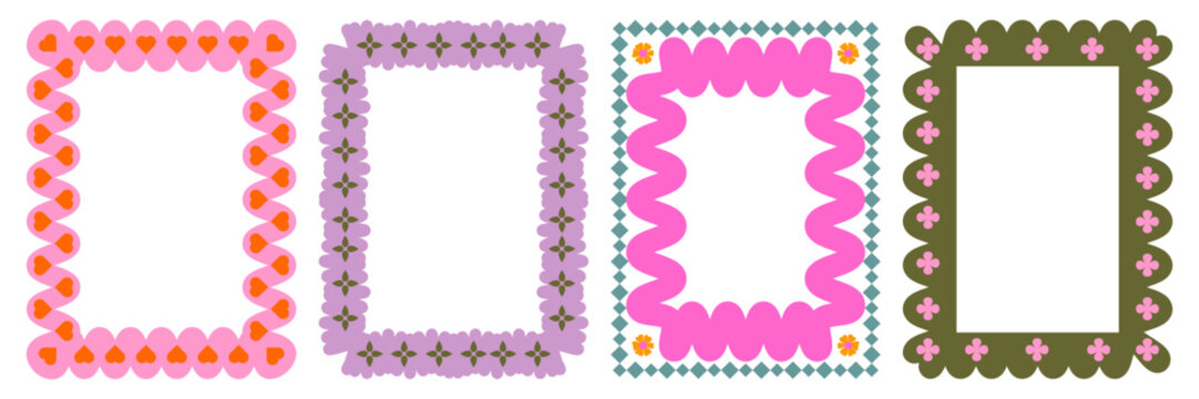 Retro 70s borders/frames set. Playful, groovy, scalloped floral motifs in olive green, pink, orange. Flat graphic design for invitations, scrapbooking, social media, posters, and vintage packaging.