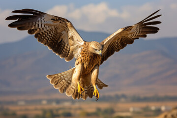 Obraz premium Majestic hawk in mid-flight, wings spread wide, showcasing incredible detail and power in a natural, breathtaking moment