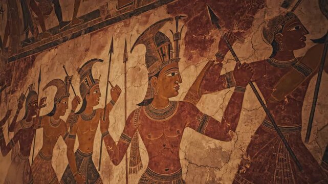 Ancient egyptian tomb mural featuring procession of men with spears. Historical art depicting soldiers in traditional attire.