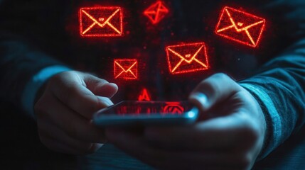 Businessman using smartphone with electronic email hacking and spam warning symbol cyber attack network virus spyware Cyber security and cybercrime