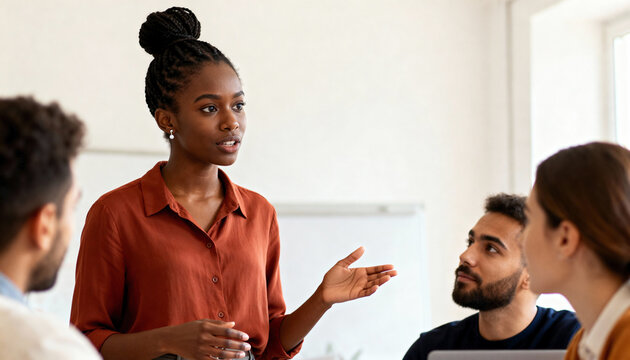 Confident Black businesswoman leading a team meeting in a modern office. Female professional giving a presentation and speaking to her diverse colleagues - Powered by Adobe