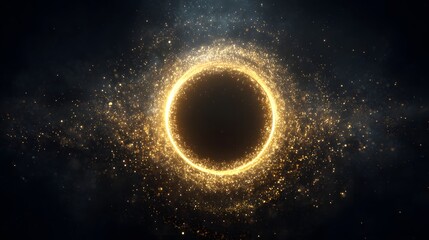Glowing golden ring of light swirls amid dark cosmic dust and particles