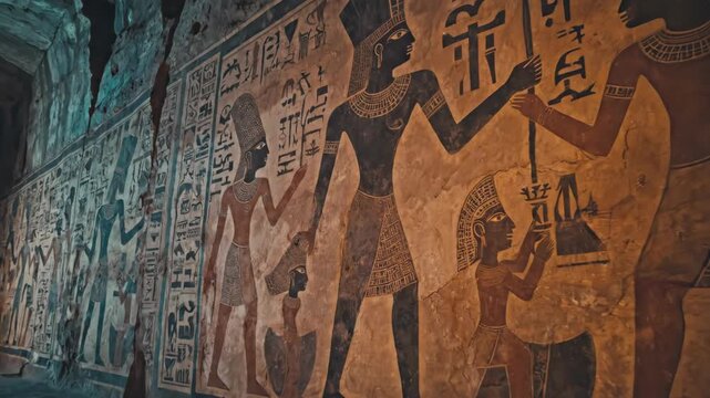 Ancient egyptian tomb with hieroglyphs and carvings on wall. Historic pharaoh drawings and burning torch illuminating stone. Travel destination and history concept.
