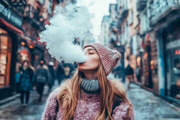 Young person exhaling a cloud of vapor while using a vape pen, with a stylish urban backdrop