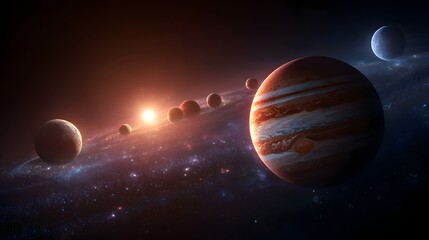 Fototapeta premium Numerous celestial bodies orbit a luminous star within a swirling nebula of cosmic dust