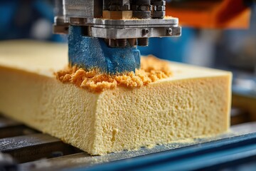 A cutting machine is shown precisely working on a block of foam material, producing shavings. The manufacturing process utilizes automation to ensure accurate cutting