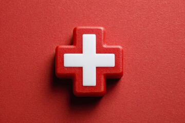3D red plus with white cross, centered on saturated red background