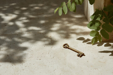 key representing opportunity rests on light stone illuminated by radiant beam of sunlight