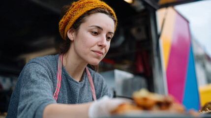 Street food vendor preparing food at a colorful food truck.