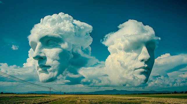 Giant faces forming naturally within clouds over a serene field.
