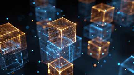 An abstract depiction of interconnected glowing cubes, symbolizing digital network and technology