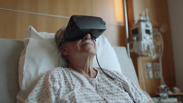 Virtual Serenity: An elderly patient finds solace and distraction within the immersive world of virtual reality, wearing a VR headset.