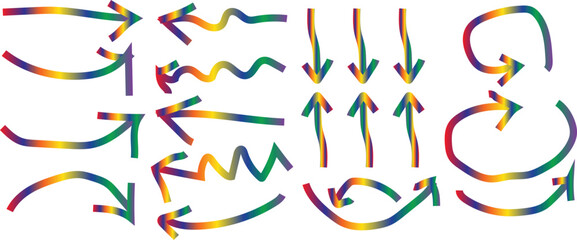 Rainbow Gradient Arrow Set – Colorful Curved, Wavy, Circular Direction Arrows Vector