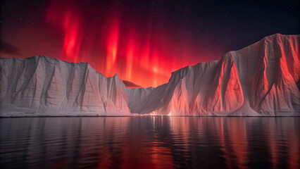 Red Aurora Borealis Over Snow- Covered Cliffs and Reflecting Water northern lights polar lights Background