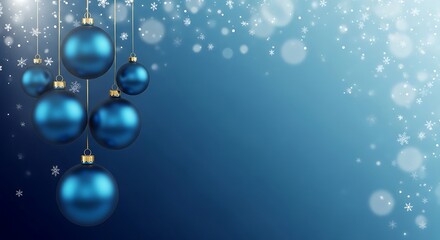 Holiday Winter Christmas Poster, light blue Christmas ornaments hanging from gold strings graceful arrangement of shimmering blue Christmas baubles hanging