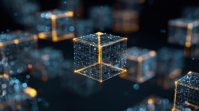 Abstract rendering of glowing cubes in a dark background, representing digital technology