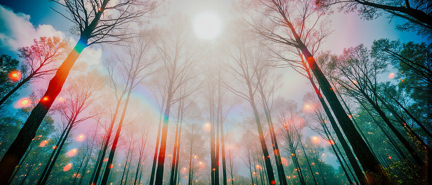 Golden sun rays pierce a dense forest, illuminating misty trees in a surreal, dreamlike landscape where light and nature merge magically.