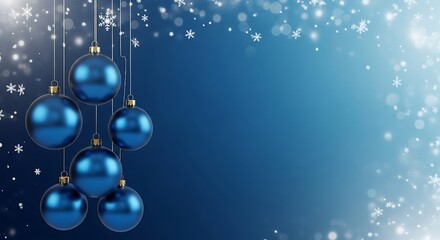 Holiday Winter Christmas Poster, light blue Christmas ornaments hanging from gold strings graceful arrangement of shimmering blue Christmas baubles hanging