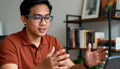 Professional Asian man on a video conference call from his home office. Male employee talking and gesturing during a virtual meeting
