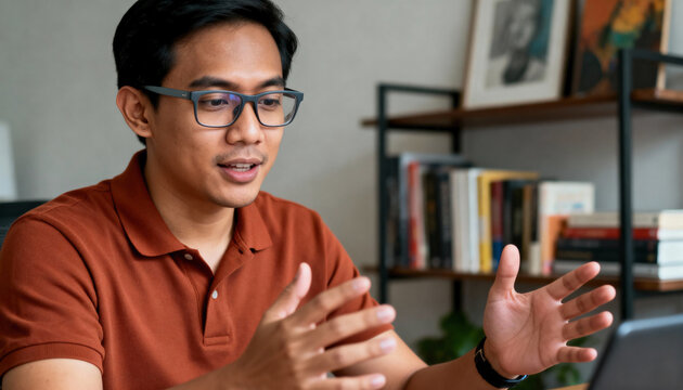 Professional Asian man on a video conference call from his home office. Male employee talking and gesturing during a virtual meeting