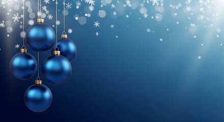 Fototapeta premium Holiday Winter Christmas Poster, light blue Christmas ornaments hanging from gold strings graceful arrangement of shimmering blue Christmas baubles hanging