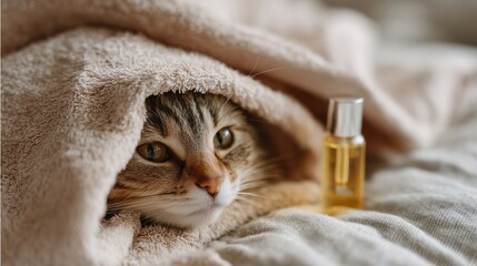 Cozy cat wrapped in a towel with essential oil on a soft bed during a relaxing moment