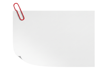 White blank rectangular note paper with paperclip isolated on white