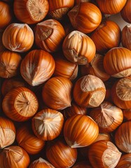 Whole hazelnuts fill the frame with their rich brown shells.