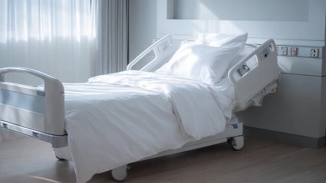 Hospital Bed's Serenity: An empty hospital bed bathed in soft natural light, conveying a sense of calm and healing.